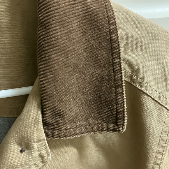 LL Bean Chore Barn Corduroy Trim Khaki Tan Jacket Flannel Lined womens M Petite - Picture 2 of 7